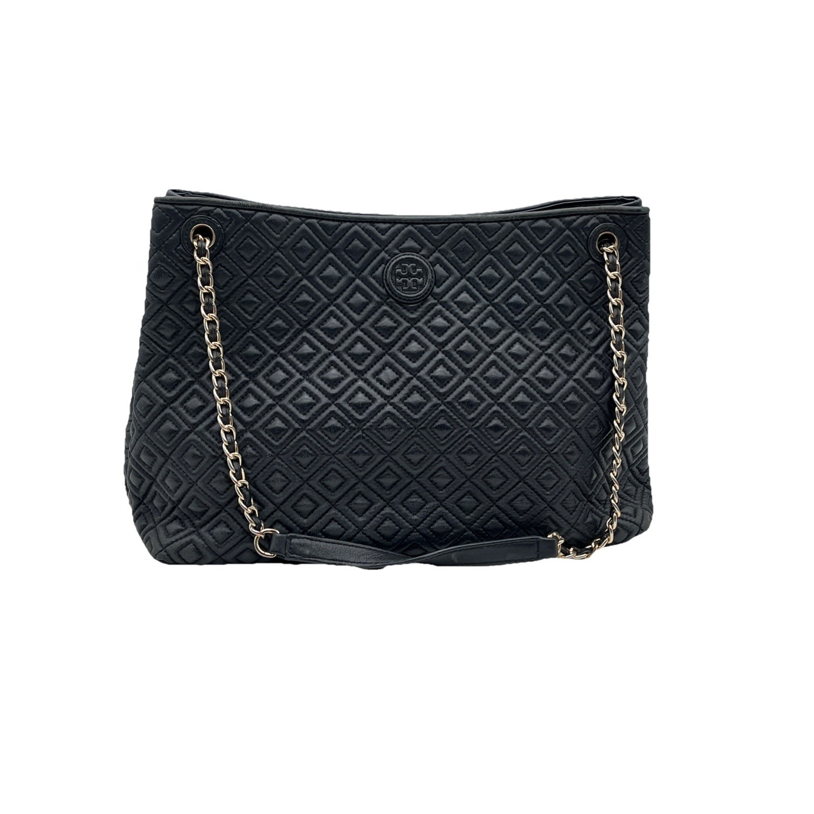 Tory Burch Marion Black Quilted Leather Tote Bag Chain Strap Large